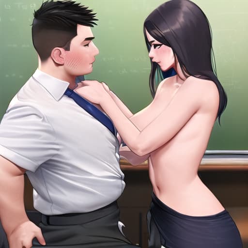  a unclothed teacher stepping closer to one of her male students to take advantage of him