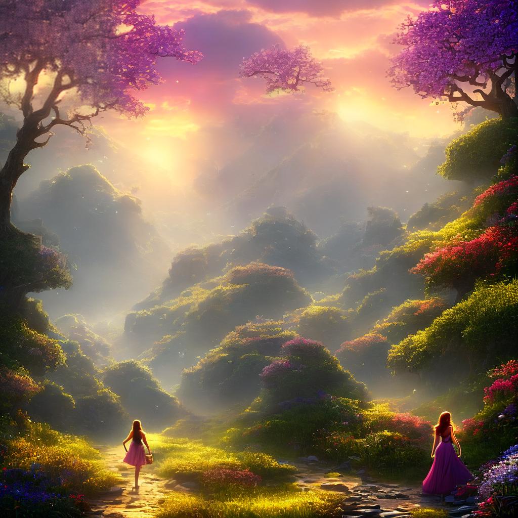  ((masterpiece)), (((best quality))), 8k, high detailed, ultra-detailed. An ambitious dreaming girl walking a long way to her dream. A girl ((surrounded by nature)), ((with a vibrant sunset in the background)), holding a ((tattered map)) and ((stars guiding her path)). The scene is filled with ((lush greenery)), ((blooming flowers)), and ((colorful butterflies)) fluttering around. The girl's ((determined expression)) reflects her strong will to achieve her dreams. The ((soft golden light)) casts long shadows, adding depth to the composition and emphasizing the girl's journey towards her aspirations. hyperrealistic, full body, detailed clothing, highly detailed, cinematic lighting, stunningly beautiful, intricate, sharp focus, f/1. 8, 85mm, (centered image composition), (professionally color graded), ((bright soft diffused light)), volumetric fog, trending on instagram, trending on tumblr, HDR 4K, 8K