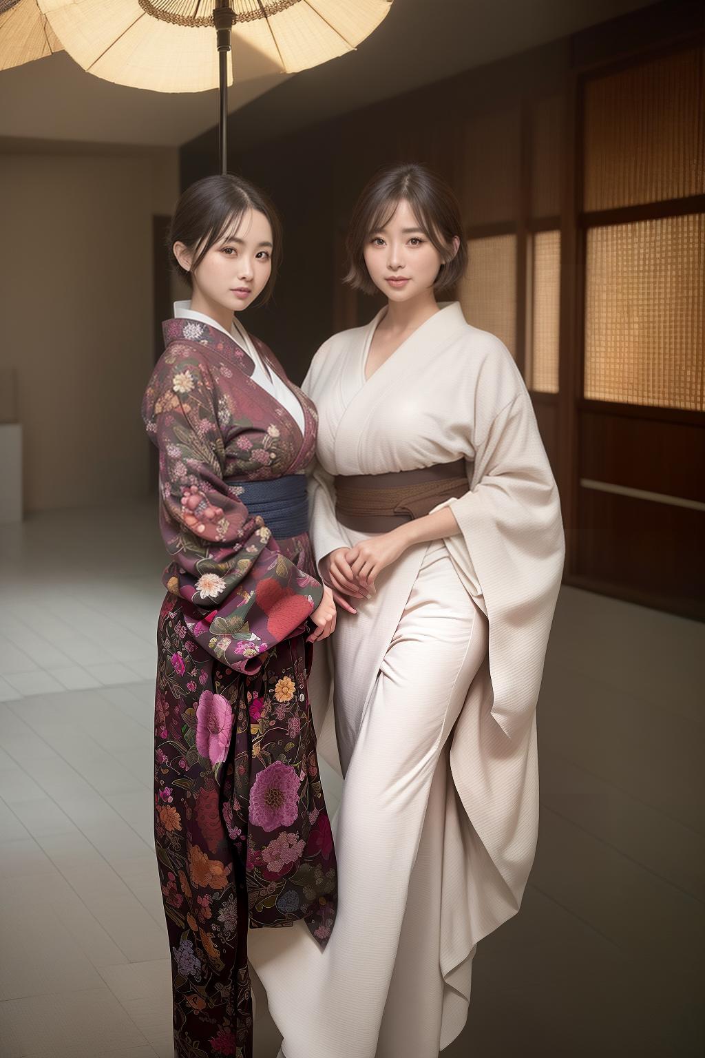  High resolution, Kyoto city, kimono, two beautiful, nice smiles, big eyes, plump breasts, constricted waist, big ass, beautiful foot, short hair, light brown hair, (Masterpiece, BestQuality:1.3), (ultra detailed:1.2), (hyperrealistic:1.3), (RAW photo:1.2),High detail RAW color photo, professional photograph, (Photorealistic:1.4), (realistic:1.4), ,professional lighting, (japanese), beautiful face, (realistic face)