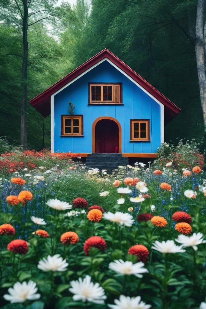  Capture a moment in time with a generated, well-structured photograph. Enhance the scene with your unique ideas, turning it into a personalized masterpiece: Blue house in forest with flowers