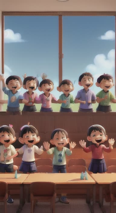  {A heartwarming scene of all the children waving goodbye with happy expressions., Children waving with wide smiles, looking grateful and content.