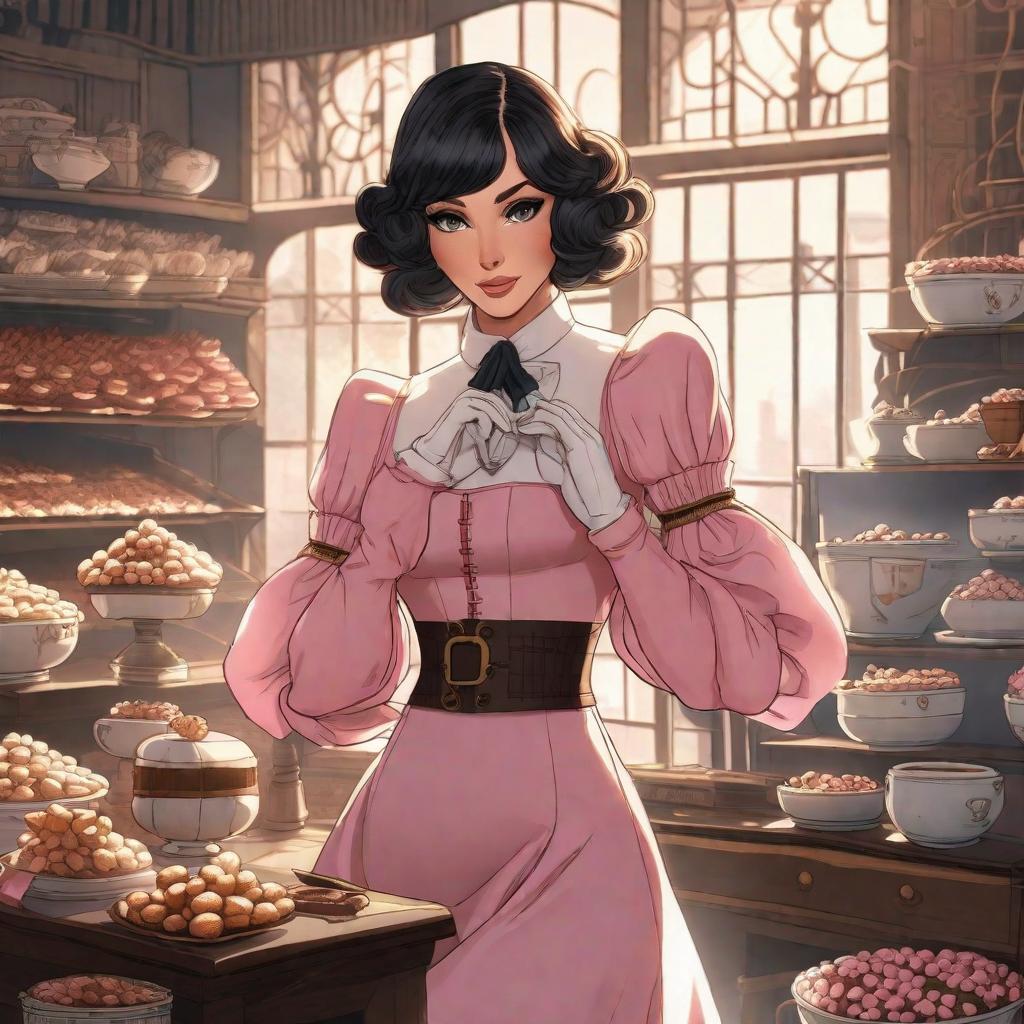  uma história de hq de super herói uma menina fofinho comendo chocolate e voando no CEO vestido rosa com botas cabelo longo ondulado preto várias histórias , anime concept art by Hayao Miyazaki, featured on pixiv, fantasy art, concept art, official art, high detailed hyperrealistic, full body, detailed clothing, highly detailed, cinematic lighting, stunningly beautiful, intricate, sharp focus, f/1. 8, 85mm, (centered image composition), (professionally color graded), ((bright soft diffused light)), volumetric fog, trending on instagram, trending on tumblr, HDR 4K, 8K