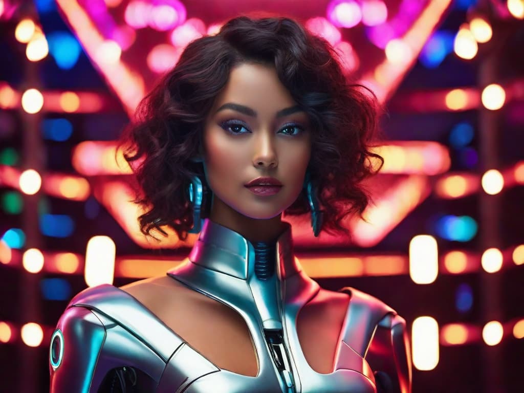  A close-up photo of a lifelike robot with human-like features, including expressive eyes and realistic skin texture, standing on a futuristic stage with colorful lights in the background. The robot is dressed in a glamorous outfit, creating a striking contrast between its artificial nature and high fashion. digital art, ilustration, no flares, clean hyperrealistic, full body, detailed clothing, highly detailed, cinematic lighting, stunningly beautiful, intricate, sharp focus, f/1. 8, 85mm, (centered image composition), (professionally color graded), ((bright soft diffused light)), volumetric fog, trending on instagram, trending on tumblr, HDR 4K, 8K