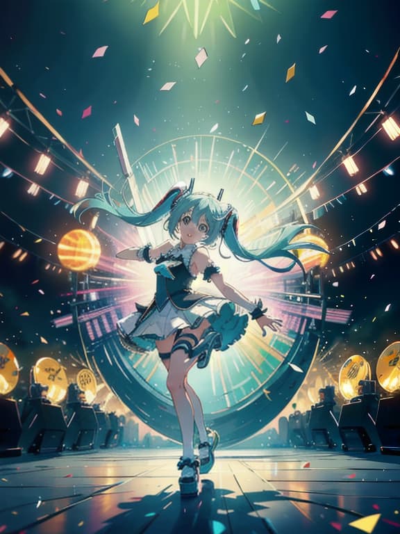  master piece, best quality, ultra detailed, highres, 4k.8k, Hatsune Miku, dancing on festival stage,, cheerful, BREAK Miku's performance on festival stage, colorful festival stage, spotlights, confetti, banners, stage props, BREAK festive and energetic, flashy lights, dynamic movement of Miku, cart00d,crystallineAI