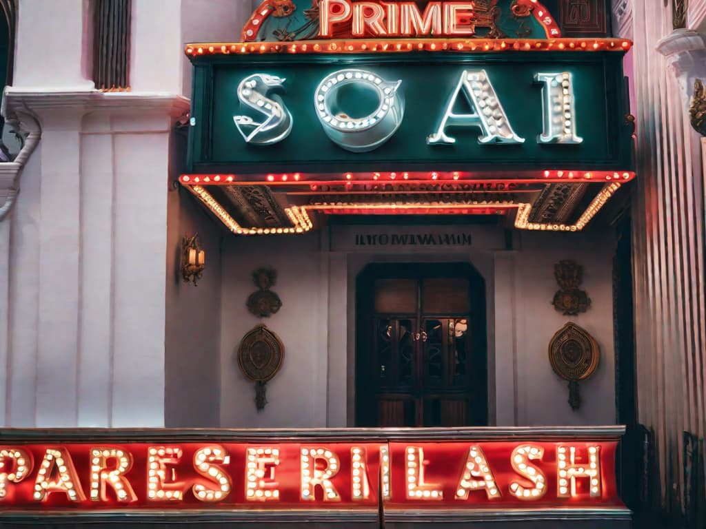  An image of a movie theater marquee with the Prime Video and Sony One logos, showcasing an exclusive film premiere. The marquee is surrounded by excited moviegoers, highlighting the anticipation and buzz around the arrival of exclusive Sony One movies on Prime Video.digital art, ilustration hyperrealistic, full body, detailed clothing, highly detailed, cinematic lighting, stunningly beautiful, intricate, sharp focus, f/1. 8, 85mm, (centered image composition), (professionally color graded), ((bright soft diffused light)), volumetric fog, trending on instagram, trending on tumblr, HDR 4K, 8K