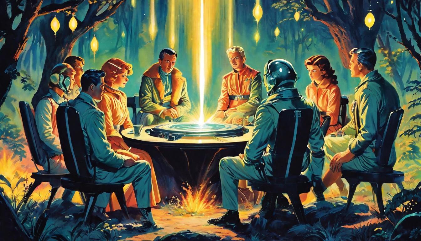  retro futuristic Group of arian humanoids, seated in a circle, diverse hair colors, sharing stories under the glow of fireflies, enchanted forest, bonds of unity and reflection lvintage sci fi, 50s and 60s style, atomic age, vibrant, highly detailed