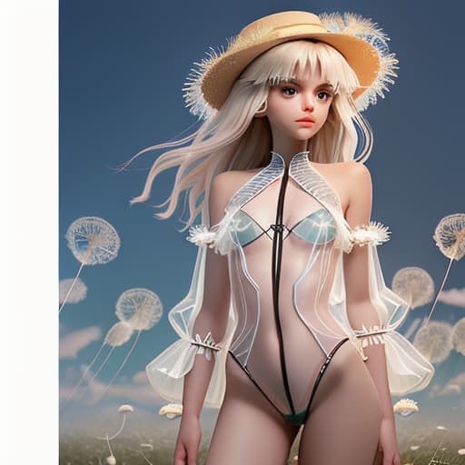  a transparent swimsuit woven from fluffy dandelions