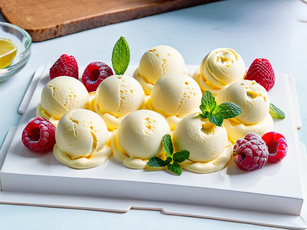  A highresolution image of a variety of homemade ketofriendly ice cream scoops beautifully arranged in a minimalist style on a marble slab, garnished with fresh mint leaves and raspberries, capturing the essence of refreshing and guiltfree summer treats. hyperrealistic, full body, detailed clothing, highly detailed, cinematic lighting, stunningly beautiful, intricate, sharp focus, f/1. 8, 85mm, (centered image composition), (professionally color graded), ((bright soft diffused light)), volumetric fog, trending on instagram, trending on tumblr, HDR 4K, 8K