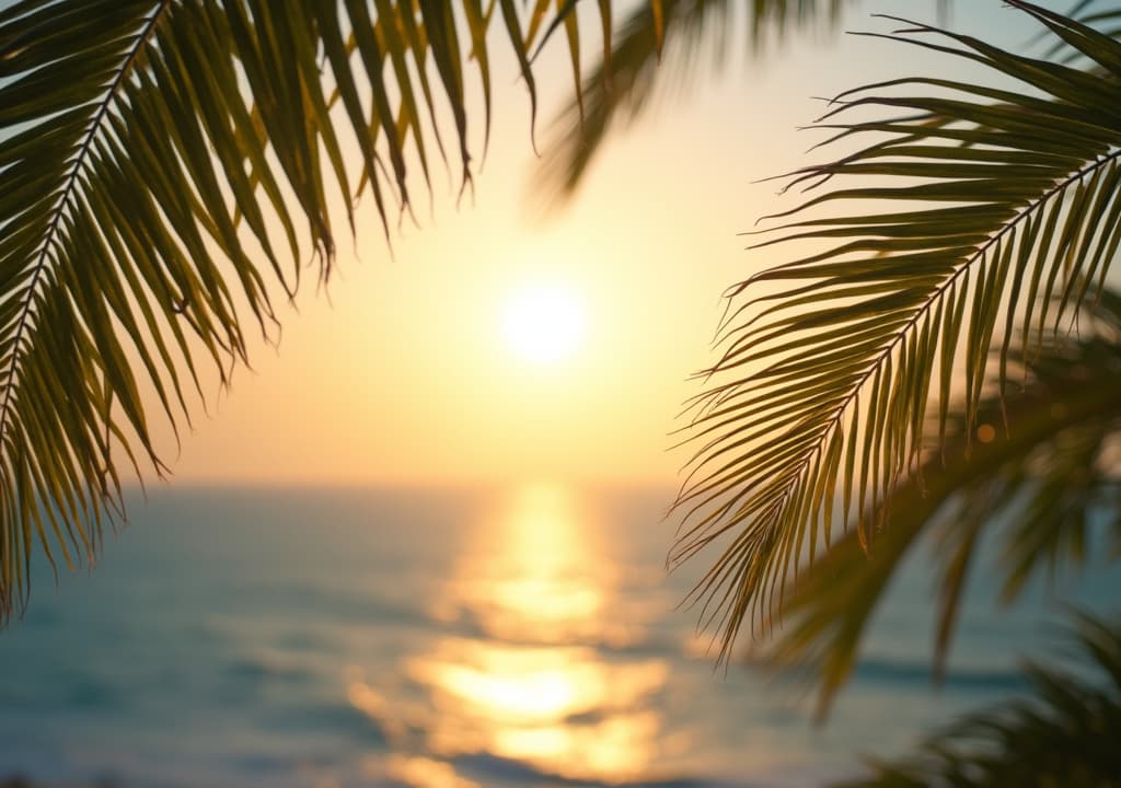  good quality, high quality, palm leaves highlighted by sunshine over ocean horizon