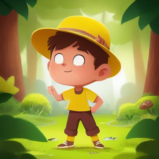  (a boy with yellow hat and brown shirt and green pants)