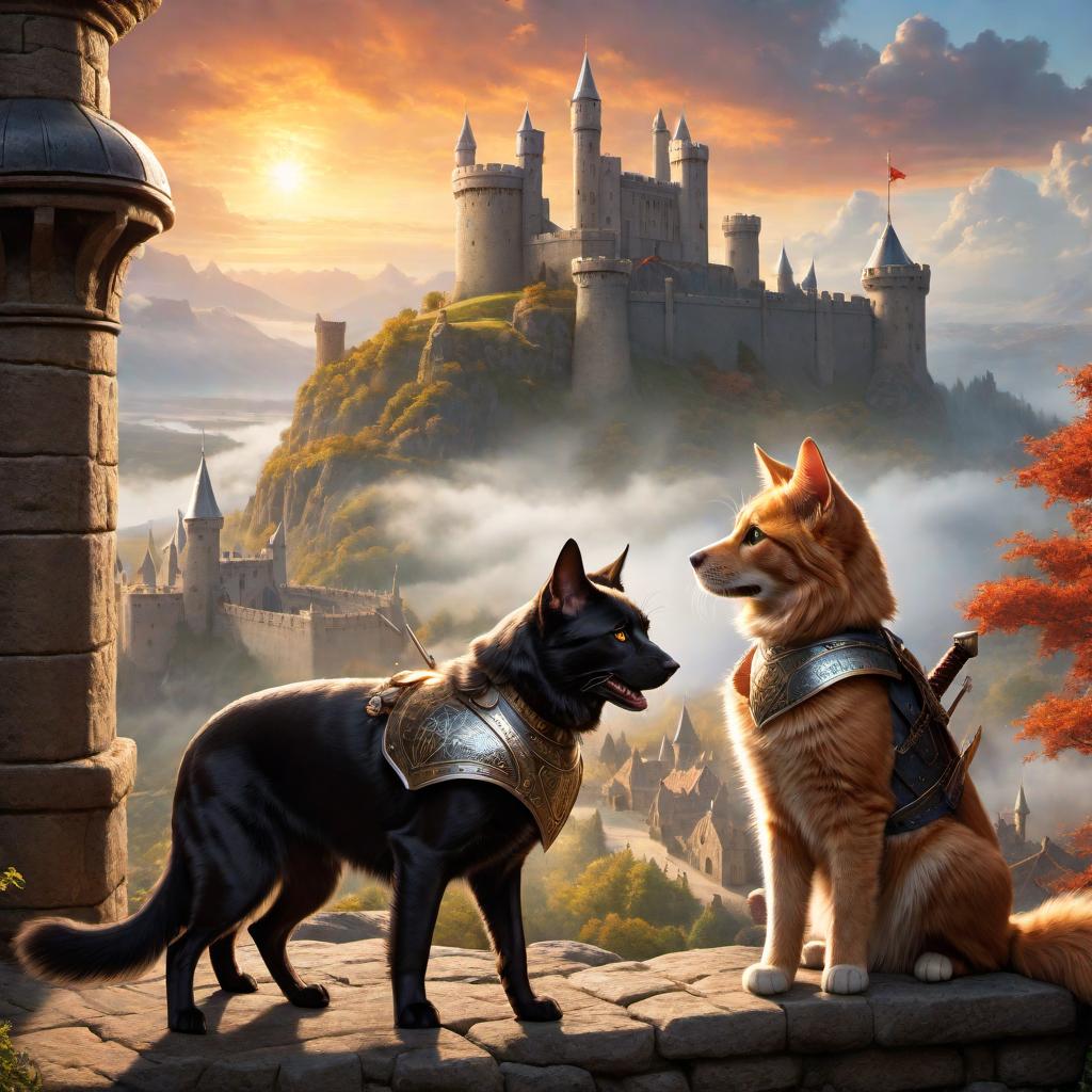  A dog and a cat having an epic battle in a fantasy medieval setting. The dog is wearing armor and wielding a sword, while the cat is casting magical spells with glowing eyes. The background features a castle in the distance and a fiery dragon flying overhead. hyperrealistic, full body, detailed clothing, highly detailed, cinematic lighting, stunningly beautiful, intricate, sharp focus, f/1. 8, 85mm, (centered image composition), (professionally color graded), ((bright soft diffused light)), volumetric fog, trending on instagram, trending on tumblr, HDR 4K, 8K