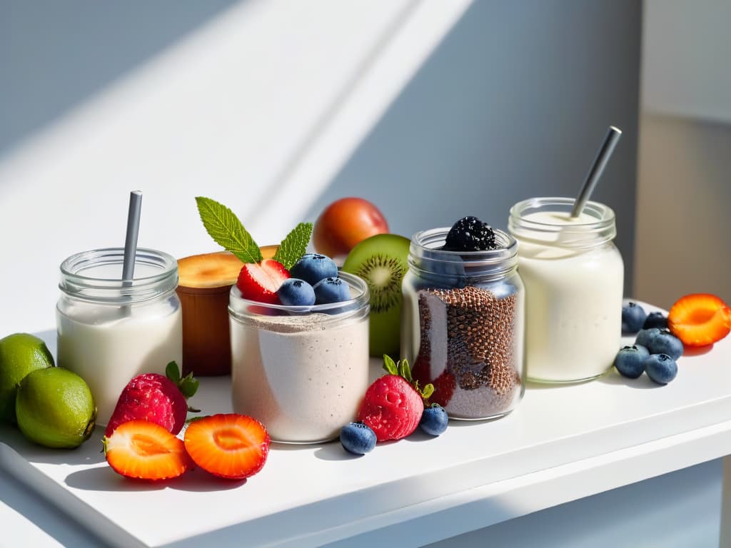  An 8k ultradetailed image of a serene and minimalist kitchen countertop with a variety of dairyfree and vegan alternatives to kefir displayed neatly in stylish glass jars and bowls. The focus is on the textures and colors of ingredients like almond milk, coconut yogurt, chia seeds, and fresh berries, creating a visually appealing and appetizing scene that conveys the essence of healthy and delicious dairyfree options for improving digestion. hyperrealistic, full body, detailed clothing, highly detailed, cinematic lighting, stunningly beautiful, intricate, sharp focus, f/1. 8, 85mm, (centered image composition), (professionally color graded), ((bright soft diffused light)), volumetric fog, trending on instagram, trending on tumblr, HDR 4K, 8K