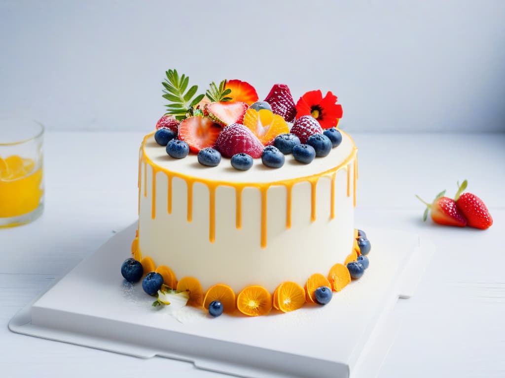  A minimalist and sleek image of a beautifully decorated vegan cake, intricately adorned with fresh fruits, edible flowers, and delicate drizzles of plantbased glaze, set against a clean, white backdrop. The cake is elegantly crafted, showcasing layers of moist sponge and creamy frosting, exuding a sense of artistry and culinary expertise. The vibrant colors of the fruits pop against the neutral background, creating a visually stunning and appetizing centerpiece that captures the essence of vegan baking at its finest. hyperrealistic, full body, detailed clothing, highly detailed, cinematic lighting, stunningly beautiful, intricate, sharp focus, f/1. 8, 85mm, (centered image composition), (professionally color graded), ((bright soft diffused light)), volumetric fog, trending on instagram, trending on tumblr, HDR 4K, 8K