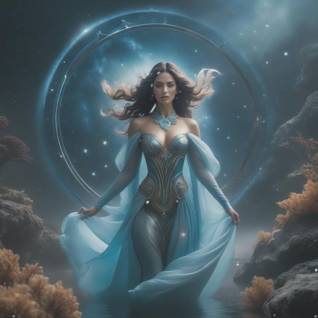  A beautiful picture in a cosmic astrological style of the water sign Pisces. hyperrealistic, full body, detailed clothing, highly detailed, cinematic lighting, stunningly beautiful, intricate, sharp focus, f/1. 8, 85mm, (centered image composition), (professionally color graded), ((bright soft diffused light)), volumetric fog, trending on instagram, trending on tumblr, HDR 4K, 8K