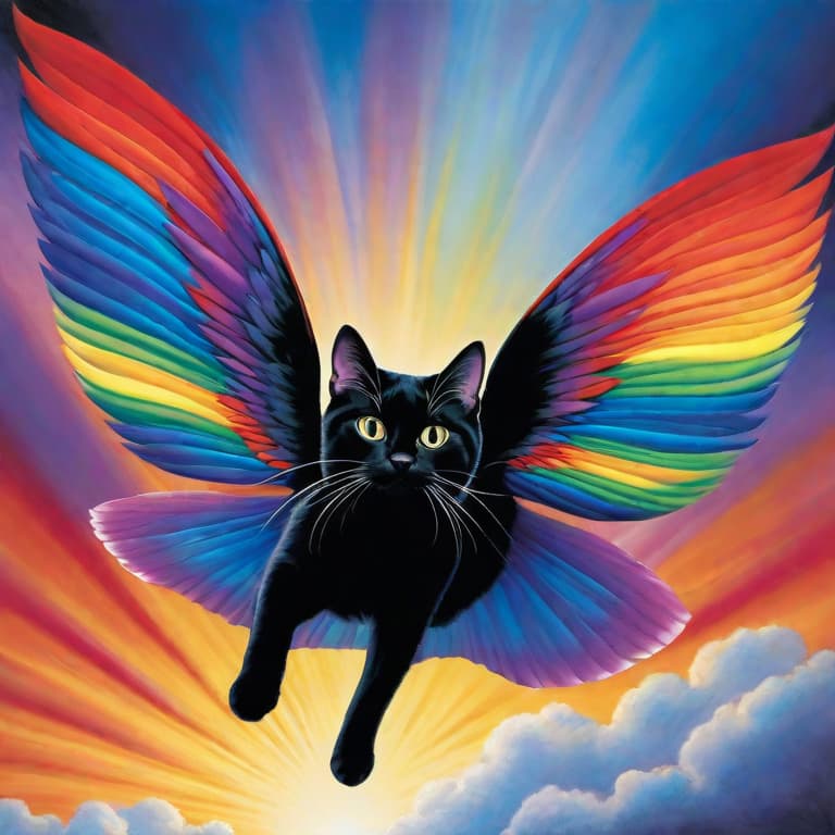  Subject Detail: The image depicts a magnificent flying cat with striking rainbow wings and a billowing superhero cape. The cat is shown mid-flight, suspended in the air with its body horizontal and wings fully extended. Its fur is a luscious shade of midnight black, contrasting beautifully against the vibrant colors of the rainbow wings. The wings themselves are large, feathery, and iridescent, displaying a seamless gradient of red, orange, yellow, green, blue, and purple hues. The superhero cape, flowing behind the cat, matches the wings' colors, adding an extra dynamic element to the cat's heroic appearance.

Medium: This artwork would be best created as a digital illustration.

Art Style: The desired art style for this image is a blend o