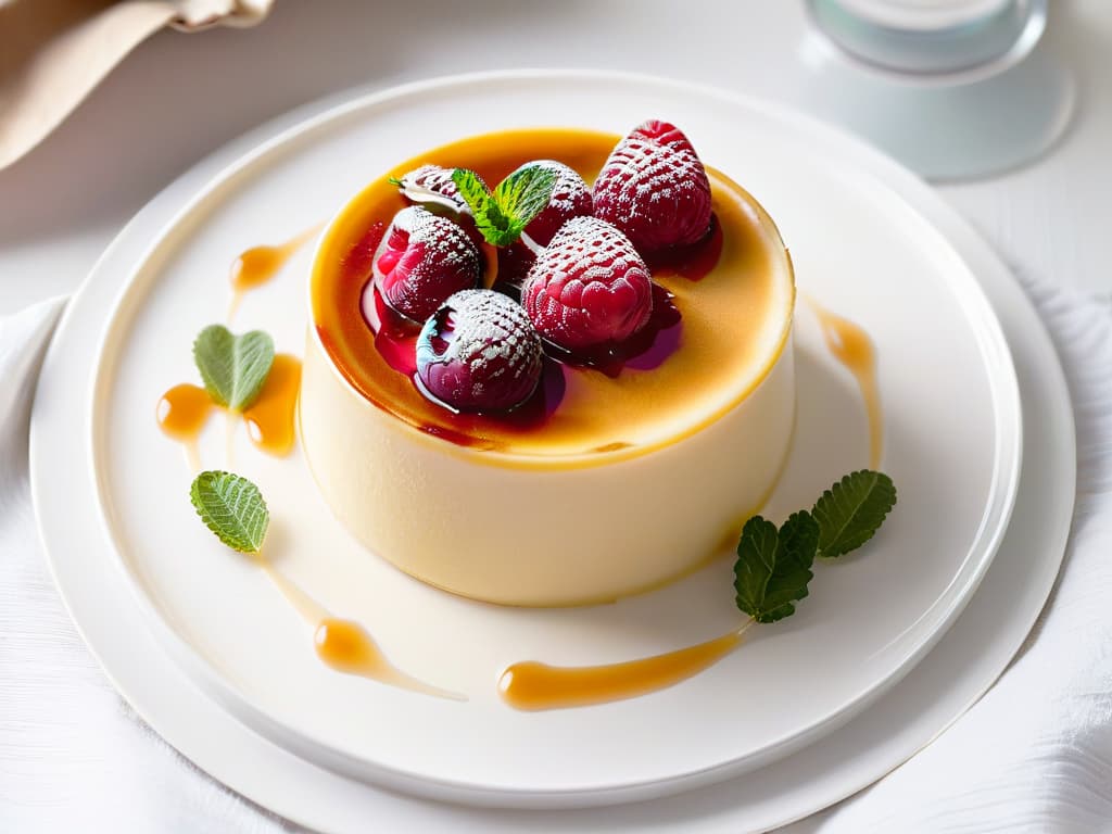  A closeup, highresolution image of a decadent vanilla flan with a smooth, glossy surface, topped with a fresh raspberry and a mint leaf, all placed on a sleek, modern white plate against a soft, blurred background. The flan is perfectly set, with a creamy texture that looks both indulgent and light. The lighting is soft, emphasizing the richness of the dessert while maintaining a minimalistic and elegant aesthetic. hyperrealistic, full body, detailed clothing, highly detailed, cinematic lighting, stunningly beautiful, intricate, sharp focus, f/1. 8, 85mm, (centered image composition), (professionally color graded), ((bright soft diffused light)), volumetric fog, trending on instagram, trending on tumblr, HDR 4K, 8K