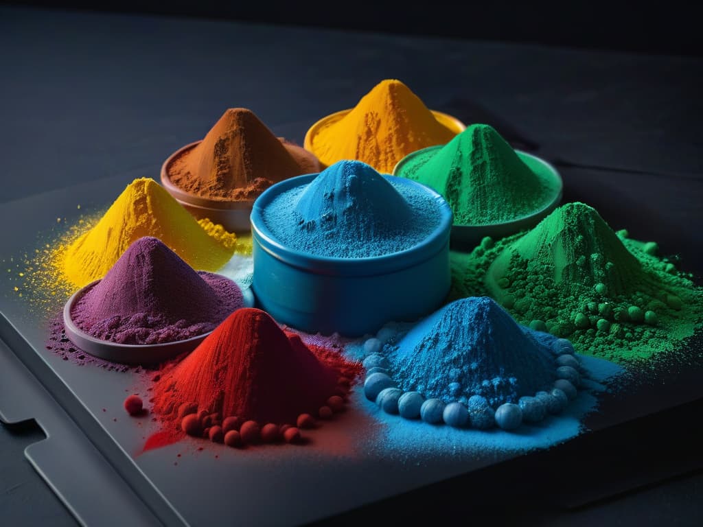  A minimalist, ultradetailed closeup image of a vibrant and colorful palette of food dye powders in various shades of red, blue, green, yellow, and purple, neatly arranged in small piles on a sleek, matte black surface. The powders are finely milled, creating a smooth and velvety texture, and each color is distinctly vibrant and eyecatching, showcasing the quality and intensity of the food dyes. The play of light and shadow highlights the texture and richness of the colors, making them appear almost threedimensional and inviting to the viewer. hyperrealistic, full body, detailed clothing, highly detailed, cinematic lighting, stunningly beautiful, intricate, sharp focus, f/1. 8, 85mm, (centered image composition), (professionally color graded), ((bright soft diffused light)), volumetric fog, trending on instagram, trending on tumblr, HDR 4K, 8K