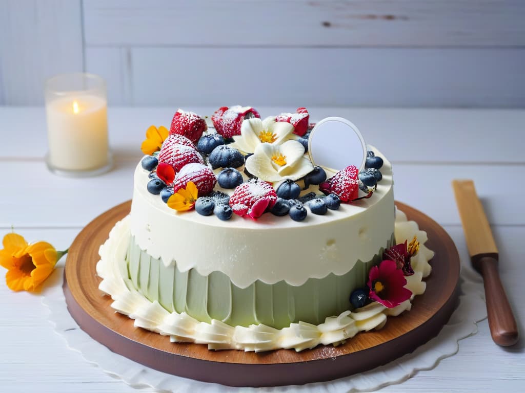  An ultradetailed image of a beautifully decorated threelayer cake, with intricate frosting designs and colorful edible flowers on top, all made with xylitol instead of sugar. The cake is placed on a rustic wooden table, surrounded by baking utensils and fresh ingredients like vanilla beans and berries. The lighting is natural and soft, highlighting the texture and details of the cake's decorations. hyperrealistic, full body, detailed clothing, highly detailed, cinematic lighting, stunningly beautiful, intricate, sharp focus, f/1. 8, 85mm, (centered image composition), (professionally color graded), ((bright soft diffused light)), volumetric fog, trending on instagram, trending on tumblr, HDR 4K, 8K