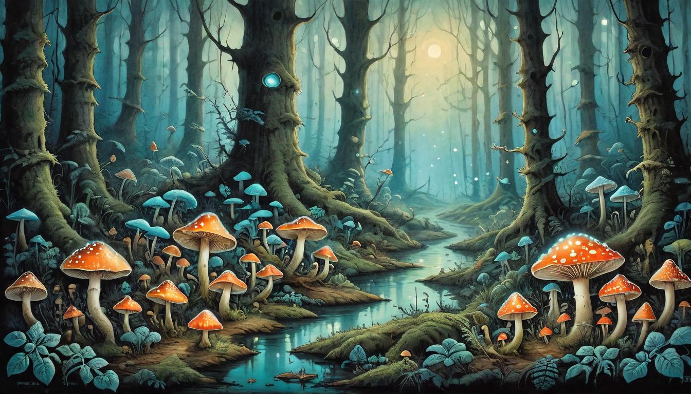  on parchment, surrealism+++, A network of luminescent mushrooms forming a connected pattern on the forest floor, whispering of unseen connections, detailed textures highlighting the ethereal beauty, forest floor rich in detail, bioluminescence, enchanting, symbiotic resonance(mysterious, provocative, symbolic,muted color)+++