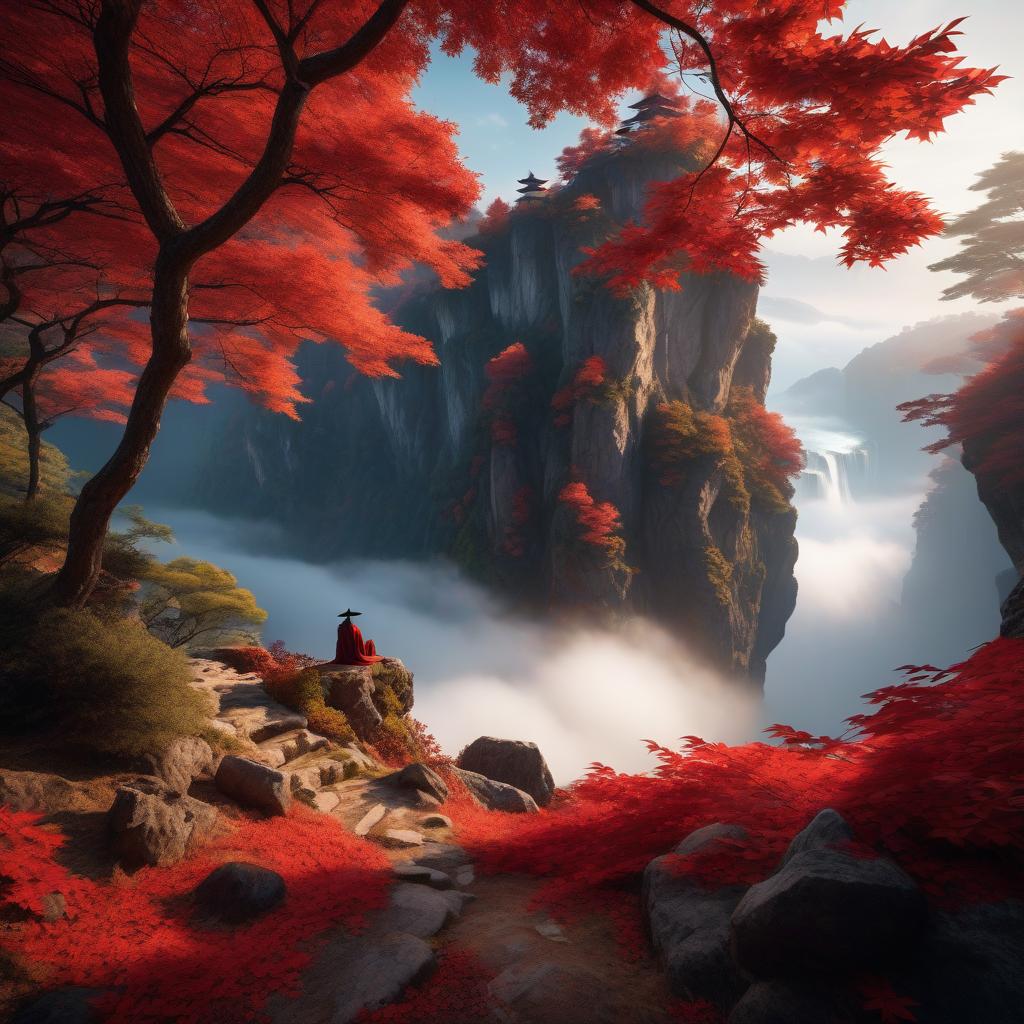  kumiho, a beautiful clearing on the edge of a cliff, sitting under a large tree with red leaves, high detail with a resolution of 10k hyperrealistic, full body, detailed clothing, highly detailed, cinematic lighting, stunningly beautiful, intricate, sharp focus, f/1. 8, 85mm, (centered image composition), (professionally color graded), ((bright soft diffused light)), volumetric fog, trending on instagram, trending on tumblr, HDR 4K, 8K