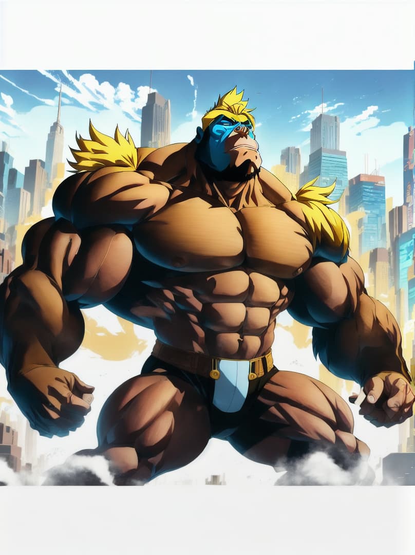  , anime-style illustration of a gorilla with extreme muscular development, in a dynamic pose that captures a 'roid rage'.<lora:chad97qi:0.07655424501345531><lora:yellow-family:0.25172963598036135><lora:octoghibli:0.8723620831649697><lora:ae-t-pagepal:0.23817375049702716> hyperrealistic, full body, detailed clothing, highly detailed, cinematic lighting, stunningly beautiful, intricate, sharp focus, f/1. 8, 85mm, (centered image composition), (professionally color graded), ((bright soft diffused light)), volumetric fog, trending on instagram, trending on tumblr, HDR 4K, 8K