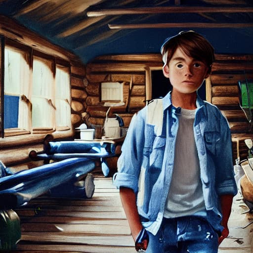  (best quality:1.5),(realistic:1.0), 1boy, white shirt, blue jeans, in the cabin, dim light