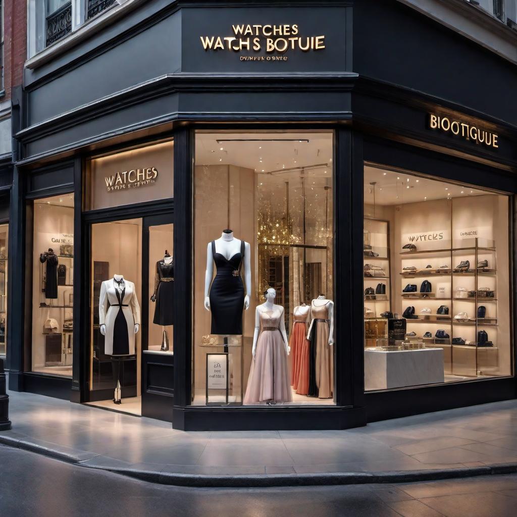  An image of an awesome store that sells men's watches, women's formal dresses, and accessories. The store should have a modern and elegant design, with large display windows showcasing the watches and dresses. The interior should be well-lit and spacious, with neatly organized shelves displaying various accessories like jewelry, handbags, and shoes. The store should have a welcoming atmosphere, with a stylish storefront and a sign that reads 'Watches & Dresses Boutique'. hyperrealistic, full body, detailed clothing, highly detailed, cinematic lighting, stunningly beautiful, intricate, sharp focus, f/1. 8, 85mm, (centered image composition), (professionally color graded), ((bright soft diffused light)), volumetric fog, trending on instagram, trending on tumblr, HDR 4K, 8K