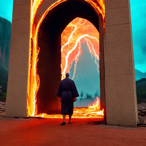  bald man in robes in front of a fiery portal