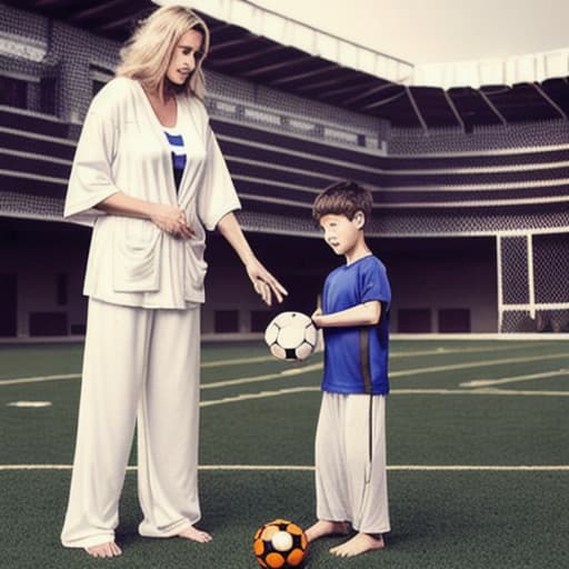  mother playing football and son, mother wiring: a robe without anything else, wiring son : t-shirt and pant