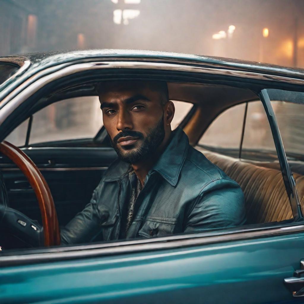  a man sitting inside the car hyperrealistic, full body, detailed clothing, highly detailed, cinematic lighting, stunningly beautiful, intricate, sharp focus, f/1. 8, 85mm, (centered image composition), (professionally color graded), ((bright soft diffused light)), volumetric fog, trending on instagram, trending on tumblr, HDR 4K, 8K