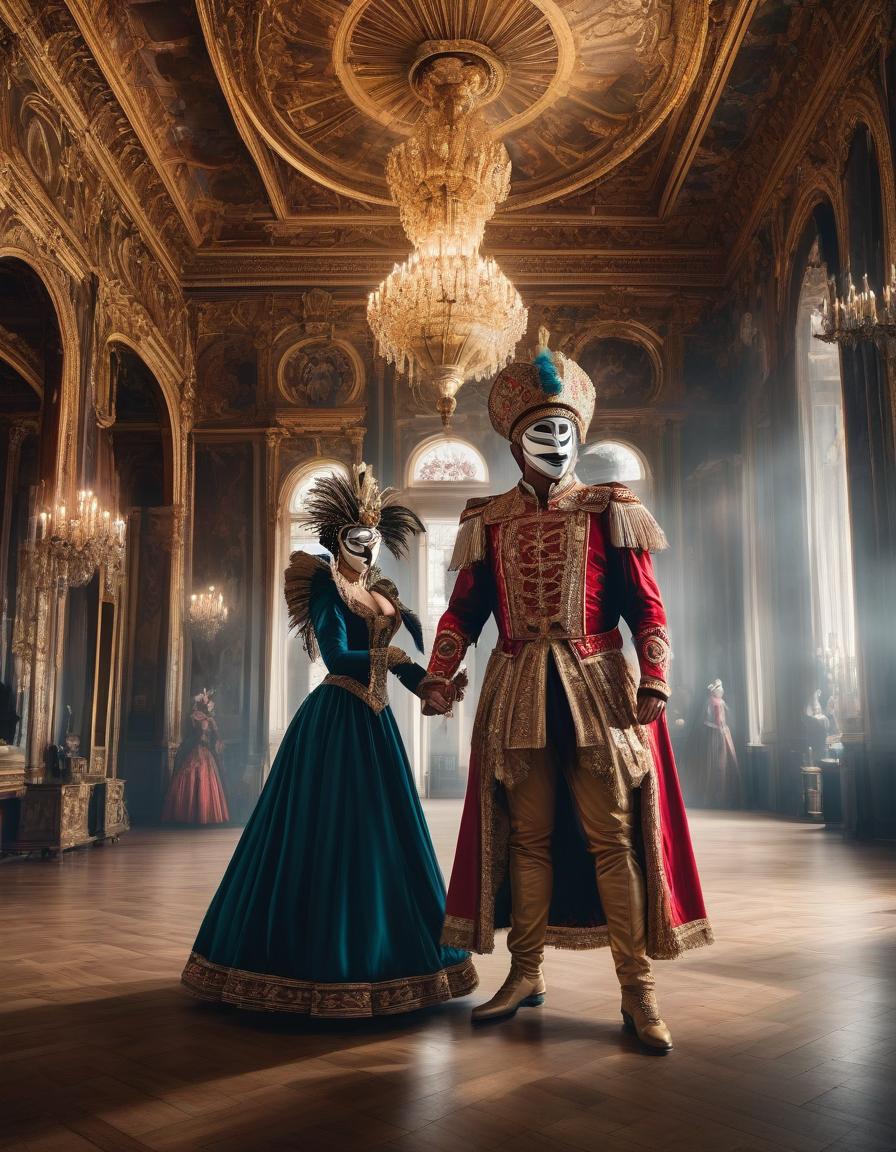  Hall in the palace where people in masks and carnival costumes dance hyperrealistic, full body, detailed clothing, highly detailed, cinematic lighting, stunningly beautiful, intricate, sharp focus, f/1. 8, 85mm, (centered image composition), (professionally color graded), ((bright soft diffused light)), volumetric fog, trending on instagram, trending on tumblr, HDR 4K, 8K