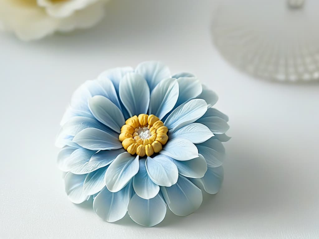  A closeup, ultradetailed photograph of a delicate, intricate sugar flower crafted by a skilled pastry chef. The image showcases the precision and artistry involved in sugar work, with each petal and vein on the flower visible in stunning clarity. The soft pastel colors of the flower contrast beautifully against a clean, white background, emphasizing the elegance and sophistication of the sugary creation. hyperrealistic, full body, detailed clothing, highly detailed, cinematic lighting, stunningly beautiful, intricate, sharp focus, f/1. 8, 85mm, (centered image composition), (professionally color graded), ((bright soft diffused light)), volumetric fog, trending on instagram, trending on tumblr, HDR 4K, 8K