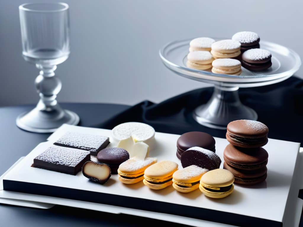  A highresolution photograph showcasing an elegant black and white dessert spread on a sleek, minimalist table setting. The image features a selection of visually stunning monochromatic desserts such as macarons, panna cotta, and mousse elegantly arranged on modern white plates against a backdrop of contrasting black and white elements. The play of light and shadow enhances the textures and details of each dessert, creating a visually striking and sophisticated composition that perfectly complements the theme of the article. hyperrealistic, full body, detailed clothing, highly detailed, cinematic lighting, stunningly beautiful, intricate, sharp focus, f/1. 8, 85mm, (centered image composition), (professionally color graded), ((bright soft diffused light)), volumetric fog, trending on instagram, trending on tumblr, HDR 4K, 8K