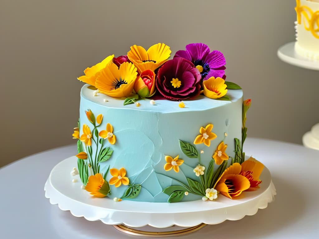  A closeup, ultradetailed image of a beautifully decorated glutenfree cake, featuring intricate piping work with vibrant colors and delicate edible flowers as accents. The cake sits on a sleek, modern cake stand against a soft, blurred background, highlighting every fine detail of the dessert masterpiece. hyperrealistic, full body, detailed clothing, highly detailed, cinematic lighting, stunningly beautiful, intricate, sharp focus, f/1. 8, 85mm, (centered image composition), (professionally color graded), ((bright soft diffused light)), volumetric fog, trending on instagram, trending on tumblr, HDR 4K, 8K