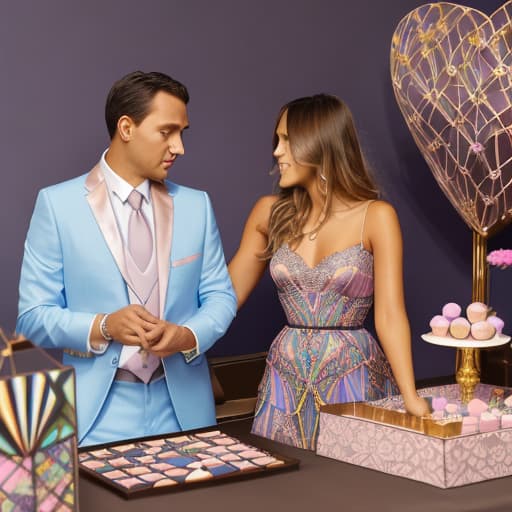  Beautiful Jessica Alba and boyfriend gazing down (lace multi colored pastel dress, men’s blue business suit)(dark shadowed lighting)(Superrealism)(Foreground: open small box of fine dark chocolates on a small serving table) Background artdeco with gold scrollwork.