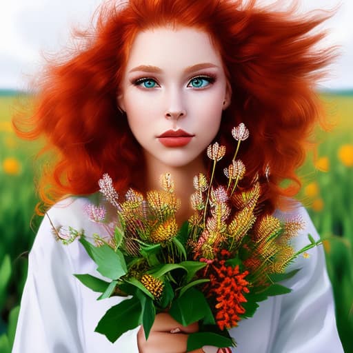 portrait+ style kitty Neko stands and holds a bouquet of wildflowers in her hands. the hair is red and white. The fluffy ears and tail are black. big green eyes. A sweet smile. There is a wheat field in the backgroun