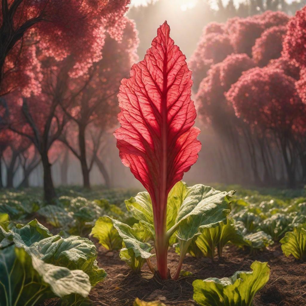  A HUGE VERY WRINKLED RHUBARB IN AN EMPTY FIELD. INTENSE SUNLIGHT SHINING THROUGH THE LEAVES., realistic, portrait, art by donato giancola and greg rutkowski, realistic face, digital art, trending on artstation hyperrealistic, full body, detailed clothing, highly detailed, cinematic lighting, stunningly beautiful, intricate, sharp focus, f/1. 8, 85mm, (centered image composition), (professionally color graded), ((bright soft diffused light)), volumetric fog, trending on instagram, trending on tumblr, HDR 4K, 8K