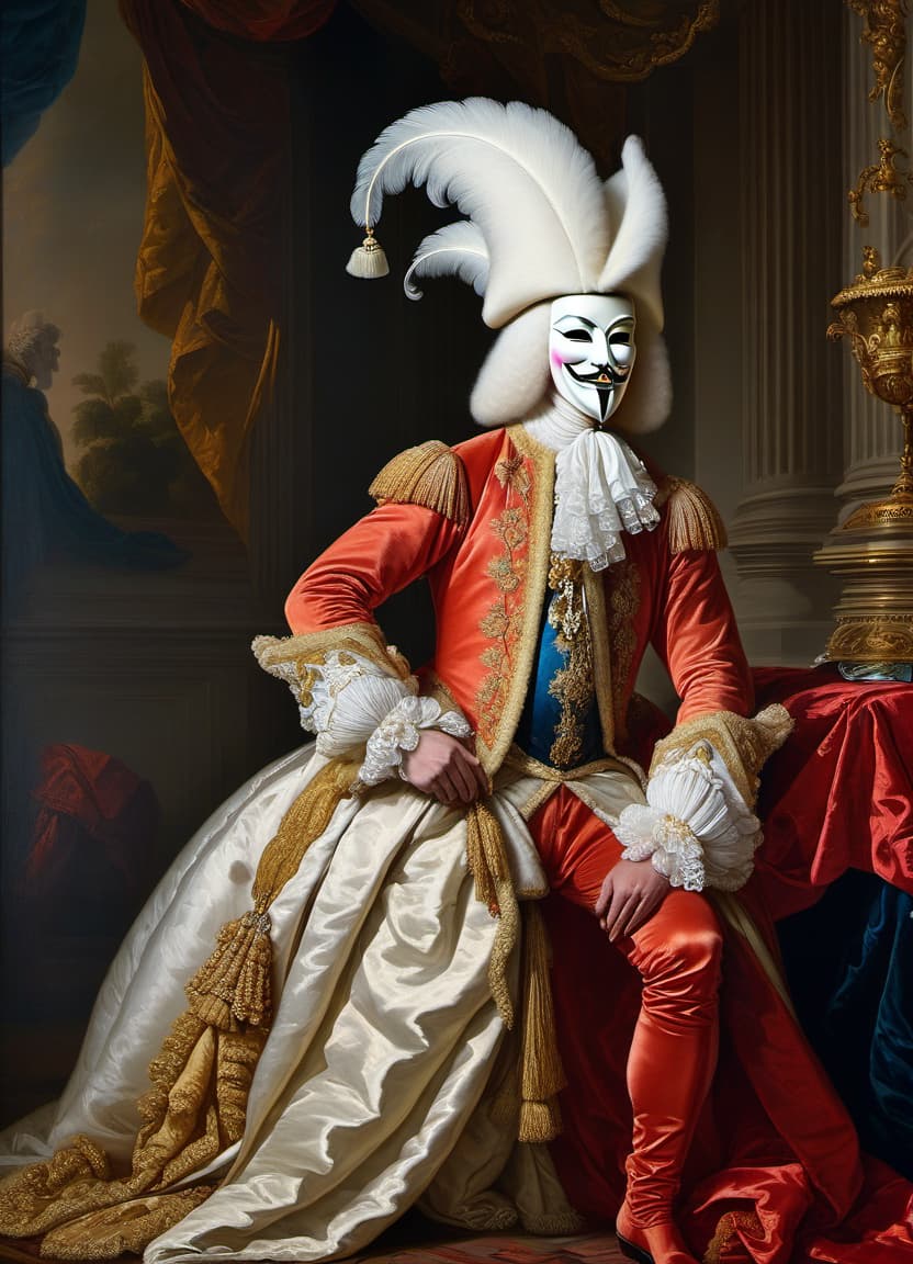  Oil painting. (Guy Fawkes white mask: 1,4). Middle Plan. Parade portrait of King Louis 14 in Guy Fawkes mask: 1,2). Dressed in 18th century fashion, lush curled white wig. Shades of white. Luxurious, excessive, powdery, like Fragonard. Background: ball, dressed in rococo and baroque style, ((masquerade mask)) ball in the palace: 1,3). In the manner of Hyacinth Rigaud, Claude Lefebvre, Justus van Egmont, Vigée Lebrun. hyperrealistic, full body, detailed clothing, highly detailed, cinematic lighting, stunningly beautiful, intricate, sharp focus, f/1. 8, 85mm, (centered image composition), (professionally color graded), ((bright soft diffused light)), volumetric fog, trending on instagram, trending on tumblr, HDR 4K, 8K