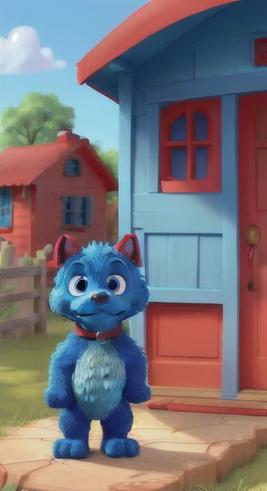  {Max the big blue dog standing in front of a cozy little house with a red door, The big blue dog is large with sky blue fur, big round eyes, a black nose, and floppy ears.