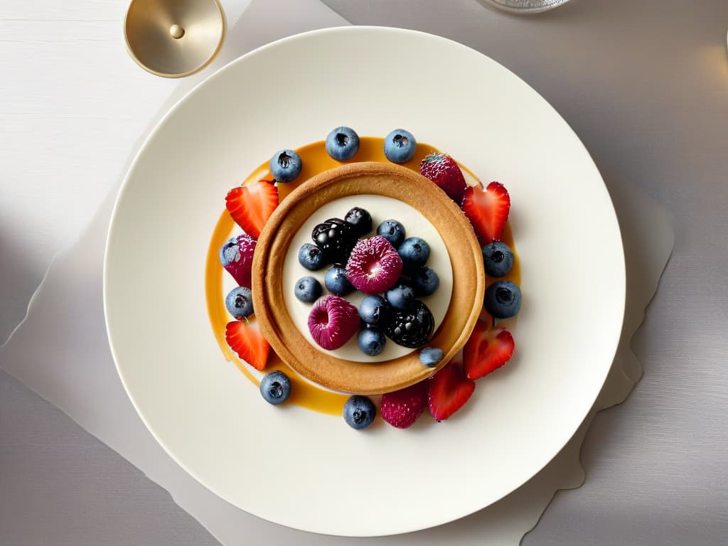  A stunning, minimalistic overhead shot of a perfectly plated dessert masterpiece on a pristine white plate. The dessert is a multilayered work of art, showcasing intricate details like delicate chocolate shavings, gold leaf accents, and vibrant, fresh berries carefully arranged in a harmonious composition. The dessert sits on a sleek, modern table with soft, diffused lighting casting a gentle glow, highlighting the textures and colors of the indulgent creation. hyperrealistic, full body, detailed clothing, highly detailed, cinematic lighting, stunningly beautiful, intricate, sharp focus, f/1. 8, 85mm, (centered image composition), (professionally color graded), ((bright soft diffused light)), volumetric fog, trending on instagram, trending on tumblr, HDR 4K, 8K