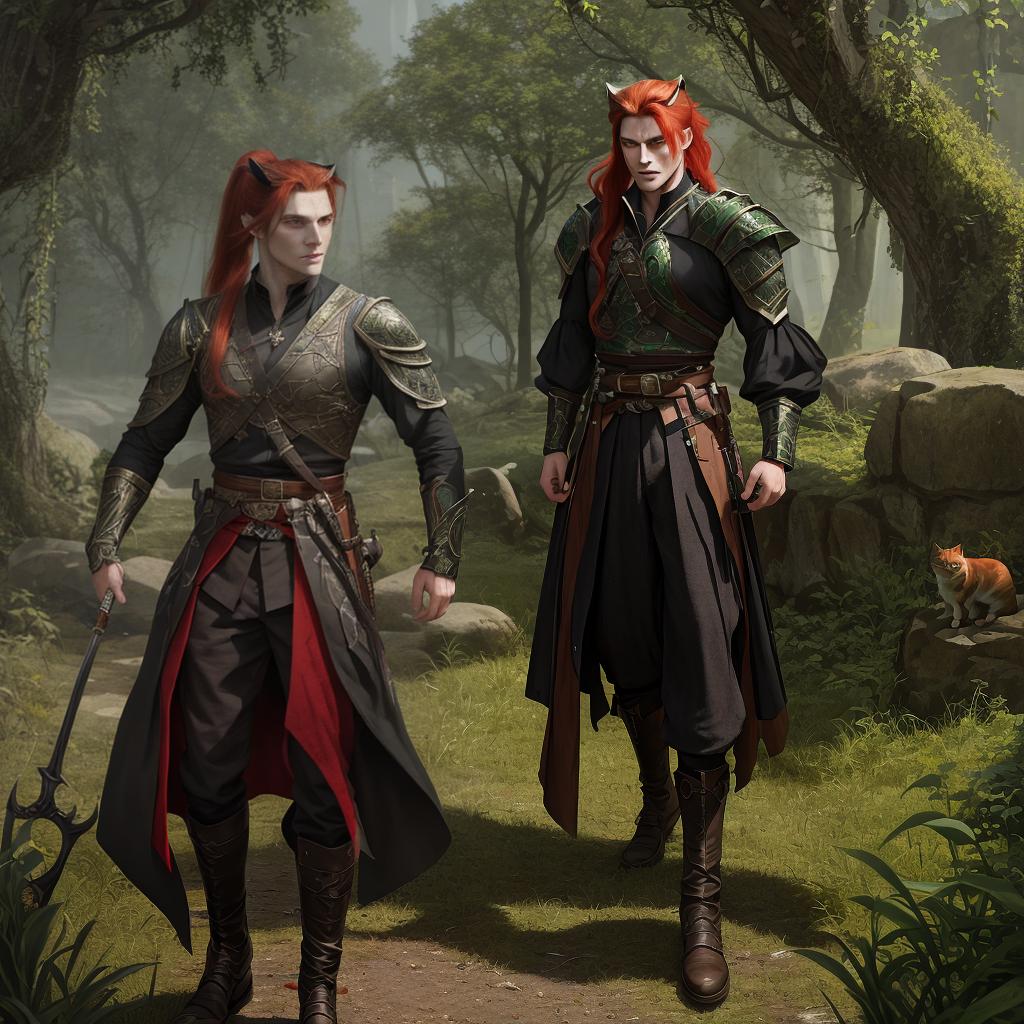  masterpiece, best quality, Best Quality, Masterpiece, 8k resolution,high resolution concept art of a feline male with green eyes and long crimson hair in a ponytail in a dark fantasy art style