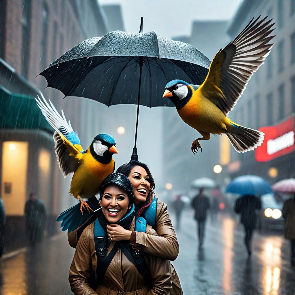  Happy birds flying on a rainy day. hyperrealistic, full body, detailed clothing, highly detailed, cinematic lighting, stunningly beautiful, intricate, sharp focus, f/1. 8, 85mm, (centered image composition), (professionally color graded), ((bright soft diffused light)), volumetric fog, trending on instagram, trending on tumblr, HDR 4K, 8K