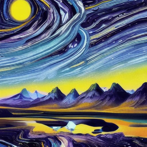  Nighttime painterly landscape galaxy mountain star beauty on planet from artist Dali