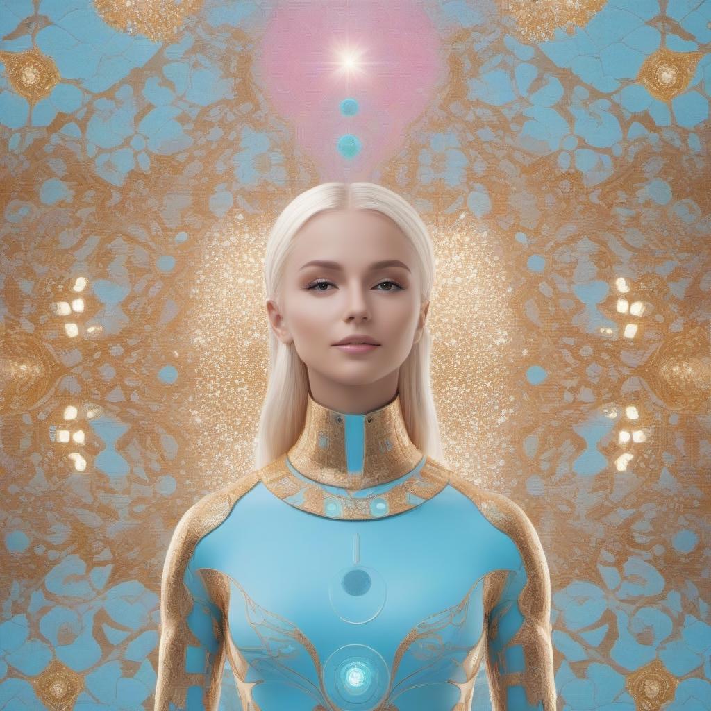  Two robots from luminous neurons are dancing, robots of the future, with the face of a girl, around a luminous fountain of light blue neurons, pink gold vonis.Art