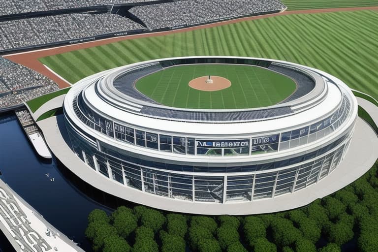  panoramic views of futuristic MLB baseball stadium with a glass dome. The stadium will be built into the side of a large grass berm and will look out over water