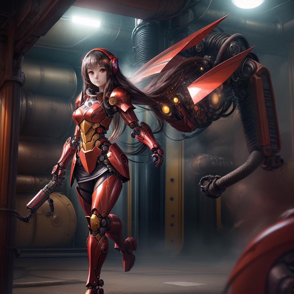  ((dynamic pose of anime girl with long hair, Red  robotic body, Red body armor )), mixing textures and colors, synthwave, futuristic vibes, vaporwave colour,8D, 8K, realistic, fantasy, impression, sense of movement and energy, fashionable, cool, outdoor photography, sharp aperture hyperrealistic, full body, detailed clothing, highly detailed, cinematic lighting, stunningly beautiful, intricate, sharp focus, f/1. 8, 85mm, (centered image composition), (professionally color graded), ((bright soft diffused light)), volumetric fog, trending on instagram, trending on tumblr, HDR 4K, 8K