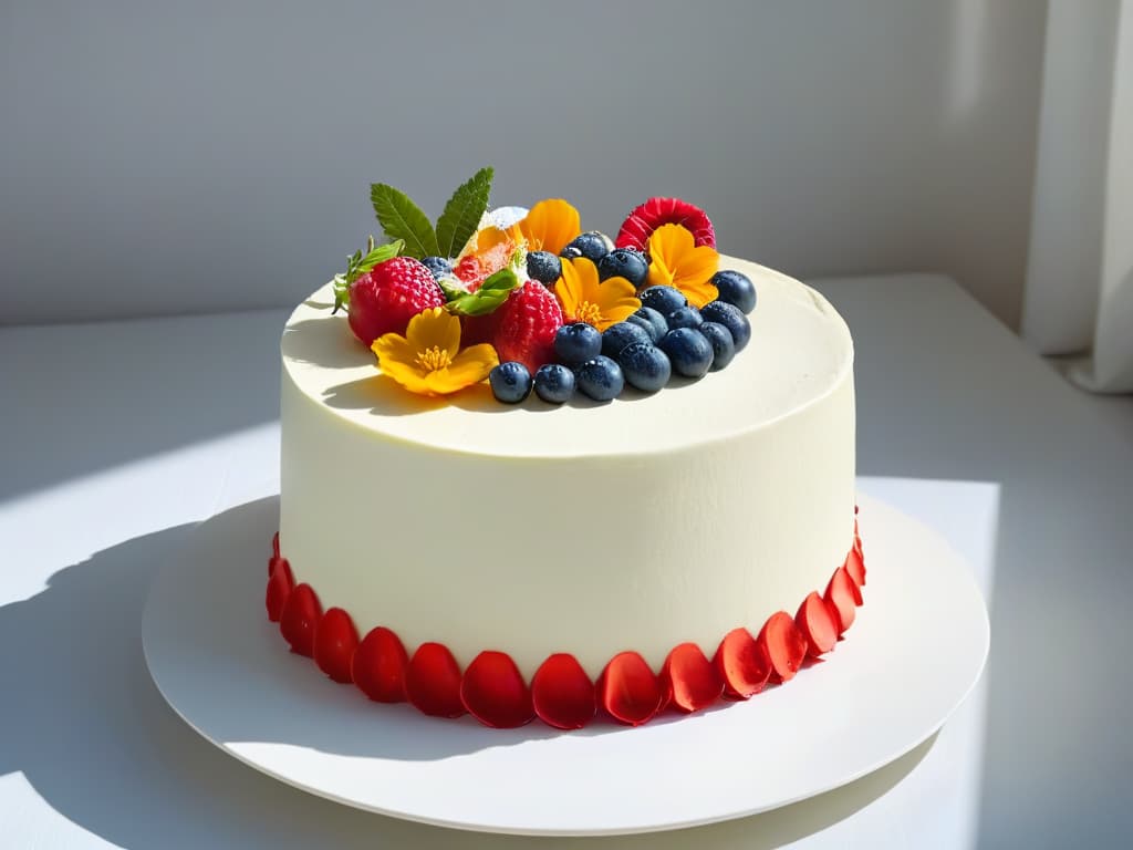  A minimalist, highresolution image of a beautifully decorated vegan cake, featuring intricate piping work with vibrant colors of fresh fruit and edible flowers as garnish. The cake sits elegantly on a simple, white cake stand, creating a visually stunning and appetizing centerpiece. hyperrealistic, full body, detailed clothing, highly detailed, cinematic lighting, stunningly beautiful, intricate, sharp focus, f/1. 8, 85mm, (centered image composition), (professionally color graded), ((bright soft diffused light)), volumetric fog, trending on instagram, trending on tumblr, HDR 4K, 8K