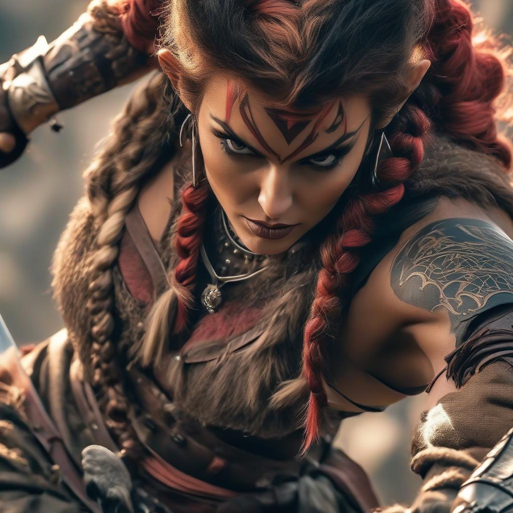  A full grown woman wearing medieval clothing, red horns and tail, braided dark hair just above the shoulders, lines of tattoos, high detail, tanned skin color, and holding a sword. hyperrealistic, full body, detailed clothing, highly detailed, cinematic lighting, stunningly beautiful, intricate, sharp focus, f/1. 8, 85mm, (centered image composition), (professionally color graded), ((bright soft diffused light)), volumetric fog, trending on instagram, trending on tumblr, HDR 4K, 8K