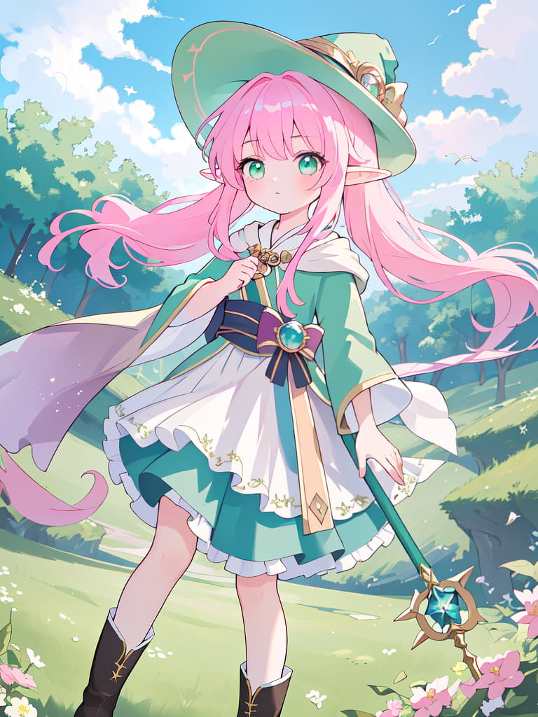  (Best masterpiece: 1.5),(Highest image quality),(Super detail),(Super precision),(Super beautiful CG),(8K),1girl,elf,solo,twin tail hair,pink hair,green eyes,（close up）,wizard's hat,wizard's robe,boots ladies ,hair blowing in the wind,chant magic with a wand,swirling clouds,low angle,, masterpiece, best quality,8k,ultra detailed,high resolution,an extremely delicate and beautiful,hyper detail