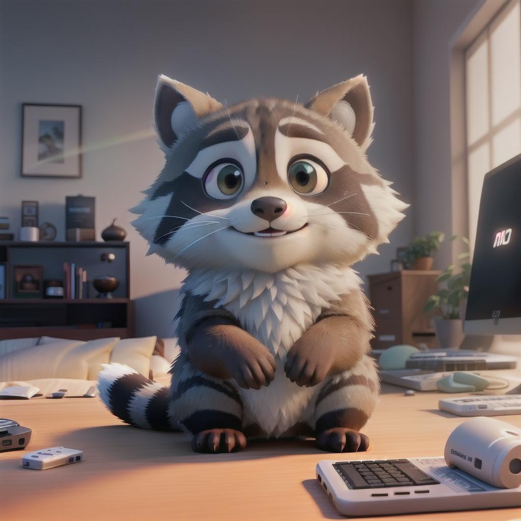  raccoon sitting in gaming chair front a computer on desktop, ((semi anthropomorphic)),(full body), tail, belly, sitting, fat, (chubby), (((white background))), solo, desktop, gaming chair, side view,  [[[clothes]]] hyperrealistic, full body, detailed clothing, highly detailed, cinematic lighting, stunningly beautiful, intricate, sharp focus, f/1. 8, 85mm, (centered image composition), (professionally color graded), ((bright soft diffused light)), volumetric fog, trending on instagram, trending on tumblr, HDR 4K, 8K